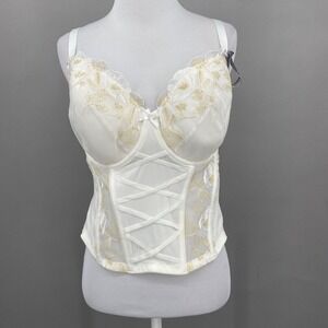 Cacique Seriously Sexy Corset Bra 38DD White Gold Floral Embroidered Lace Bridal
